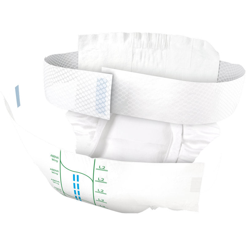 L'ABENA Wing Premium d'Abena Re-Seller GmbH est une couche jetable pour adultes avec des poignets élastiques, des languettes adhésives, des indicateurs d'humidité bleus et verts, un rembourrage intérieur visible, une couche extérieure texturée et offre protection et confort.