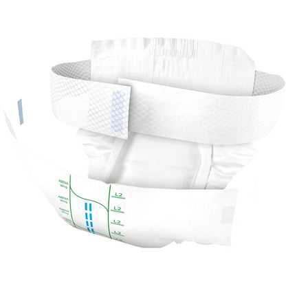 L'ABENA Wing Premium d'Abena Re-Seller GmbH est une couche jetable pour adultes avec des poignets élastiques, des languettes adhésives, des indicateurs d'humidité bleus et verts, un rembourrage intérieur visible, une couche extérieure texturée et offre protection et confort.