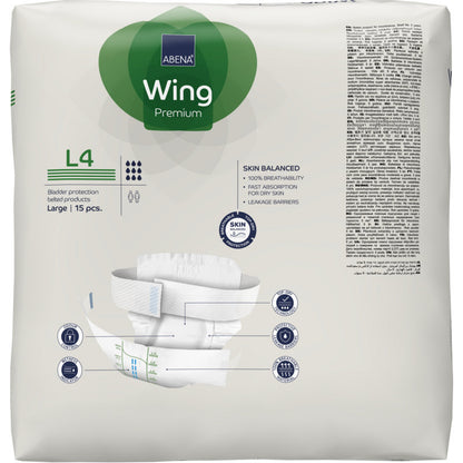 Un paquet d'ABENA Wing Premium d'Abena Re-Seller GmbH offre protection et confort. Le paquet principalement blanc avec des accents verts et bleus montre des infos sur le produit, une image de slip et contient 15 slips de grande taille.