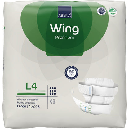 Un paquet de 15 ABENA Wing Premium d'Abena Re-Seller GmbH, taille Large, dans un emballage blanc et vert avec une illustration du produit, des symboles d'absorption et une mise en avant de la protection et du confort.