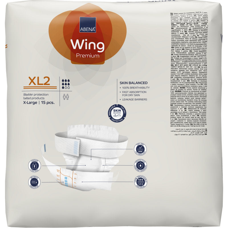 Un paquet de couches pour adultes ABENA Wing Premium de Abena Re-Seller GmbH en taille XL (15 pièces), avec protection et confort, équilibre de la peau, absorption rapide et barrière anti-fuite.