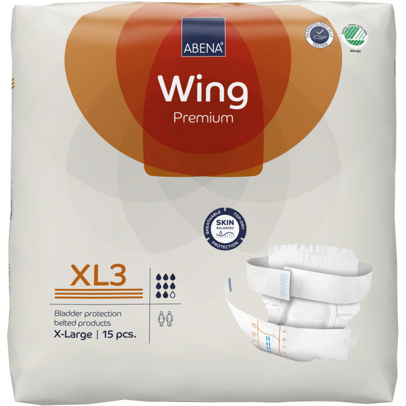 Un paquet de 15 ABENA Wing Premium de Abena Re-Seller GmbH, avec une image de couche blanche pour adultes en taille X-Large et une haute capacité d'absorption pour une protection ultime contre l'incontinence.
