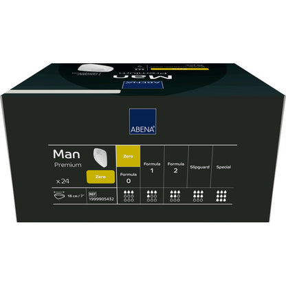 Une boîte rectangulaire ABENA Man Zero, Premium de Abena Re-Seller GmbH contient 24 pièces. L'emballage sombre avec des accents blancs et jaunes met en évidence la protection discrète et comporte des icônes pour les niveaux d'absorption et les informations sur le produit.