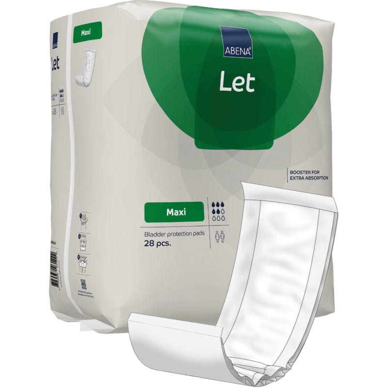 Illustré est un paquet de protège-slips ABENA Let de la société Abena Re-Seller GmbH avec un design blanc et vert, un sac facile à transporter, une illustration de l'insert sur le devant, une absorption supplémentaire et 28 pièces par paquet.