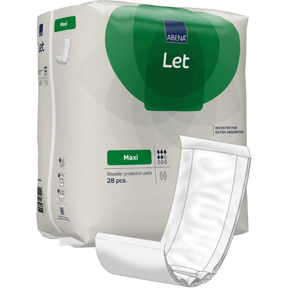 Illustré est un paquet de protège-slips ABENA Let de la société Abena Re-Seller GmbH avec un design blanc et vert, un sac facile à transporter, une illustration de l'insert sur le devant, une absorption supplémentaire et 28 pièces par paquet.