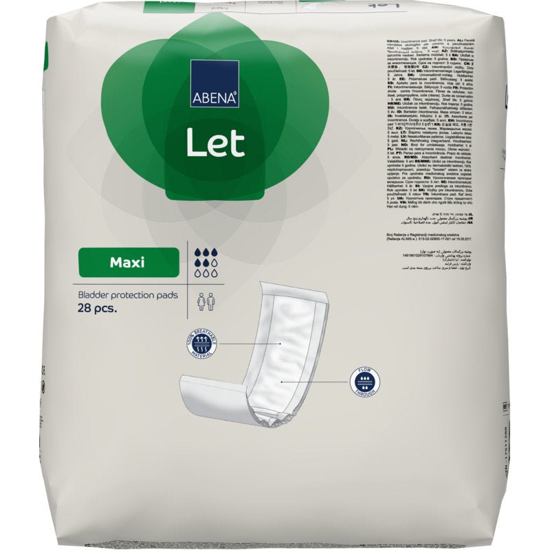 Un paquet de protège-slips ABENA Let de la société Abena Re-Seller GmbH avec le nom du produit, le type d'insert, l'absorption, le nombre de 28 inserts et une illustration de l'insert sur un fond blanc et vert.