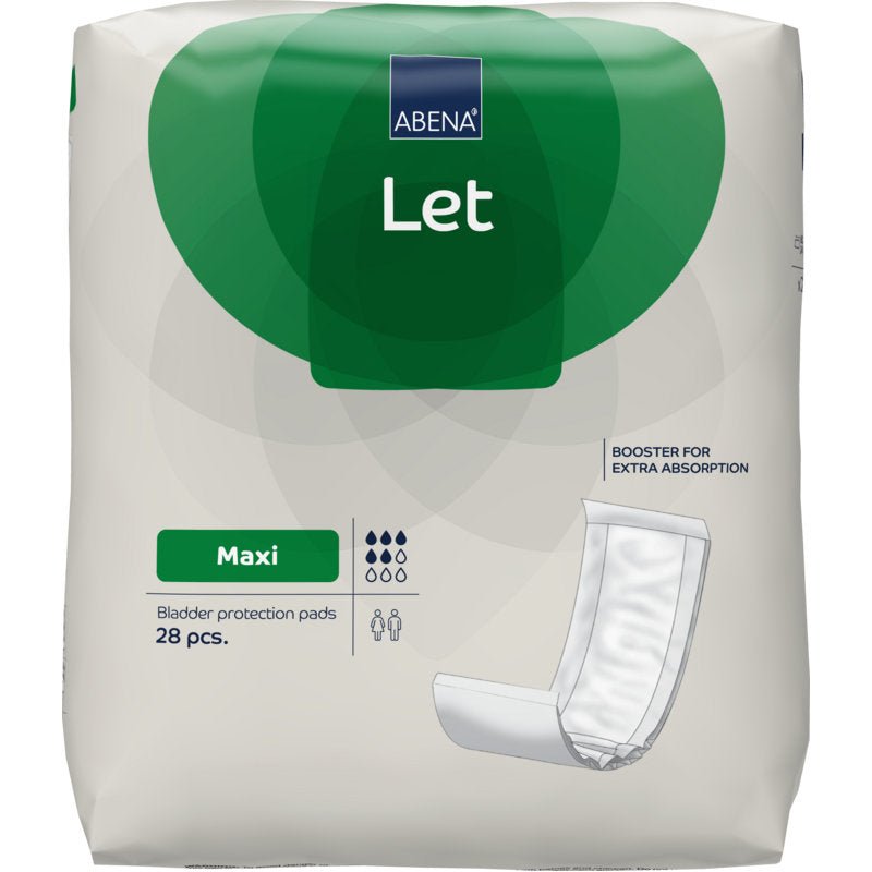 Un paquet ABENA Let de la société Abena Re-Seller GmbH a un design vert et blanc, une illustration de produit, 28 tampons extra absorbants par paquet et comprend le sac ABENA Let pour un transport facile.