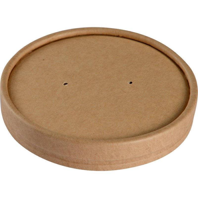 Un couvercle rond et brun pour bol (ø 9,7 cm, Kraft/PE) de Abena Re-Seller GmbH avec deux petits trous au milieu, conçu comme accessoire de gastronomie pour bols; le paquet contient 25 pièces. Photographie sur fond blanc.