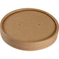 Un couvercle rond et brun pour bol (ø 9,7 cm, Kraft/PE) de Abena Re-Seller GmbH avec deux petits trous au milieu, conçu comme accessoire de gastronomie pour bols; le paquet contient 25 pièces. Photographie sur fond blanc.