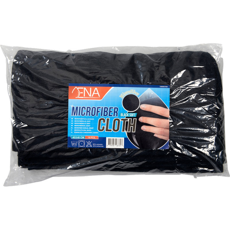 Abgebildet ist eine durchsichtige Plastikverpackung mit 10 Paar Abena Re-Seller GmbH ENA Soft Mikrofasertuch 40x40 cm in schwarz, mit einem Etikett mit Produktangaben und der Abbildung einer Hand, die das Tuch hält.
