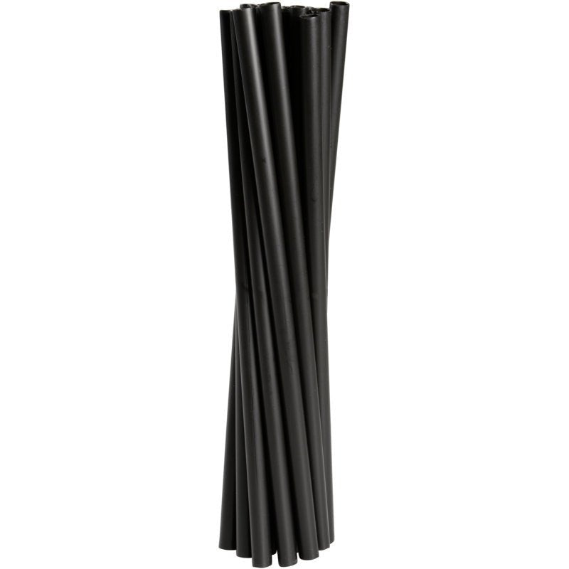 Un paquet de 250 pailles réutilisables Abena Re-Seller GmbH (24 cm, ø 8 mm, noir, PP) est debout et groupé devant un fond blanc simple.