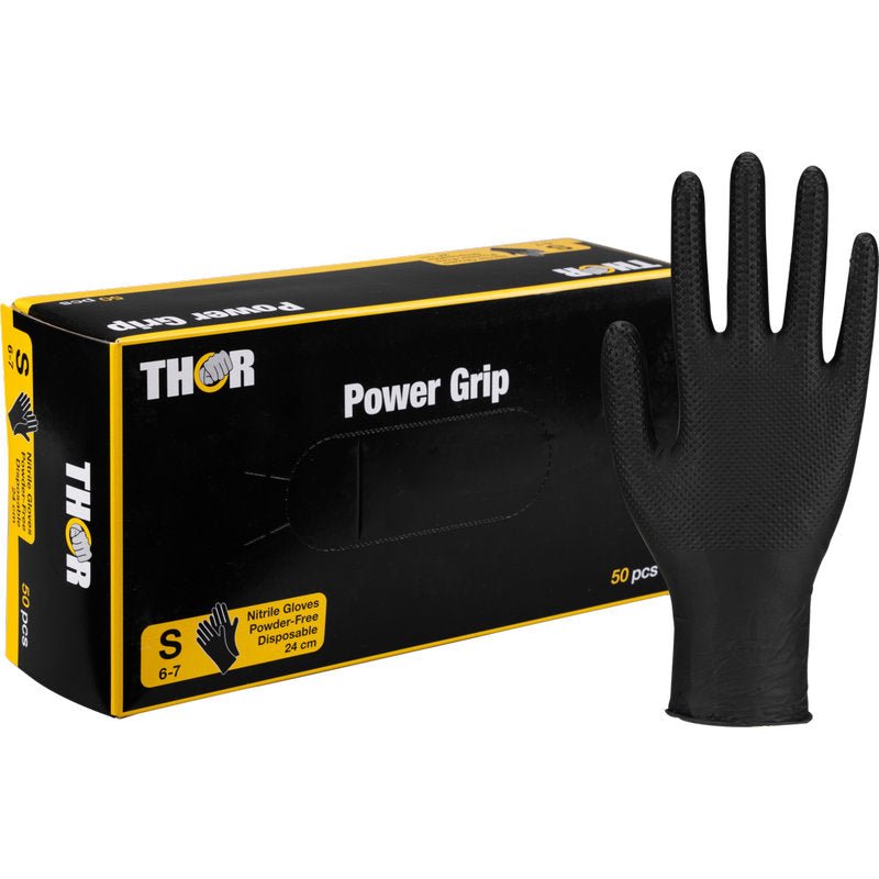 Une boîte de Thor Power Grip, Noir de Abena Re-Seller GmbH, taille S 6-7, avec un gant illustré debout. Parfait pour l'entraînement de force ou l'haltérophilie; la boîte contient 50 gants jetables sans poudre.