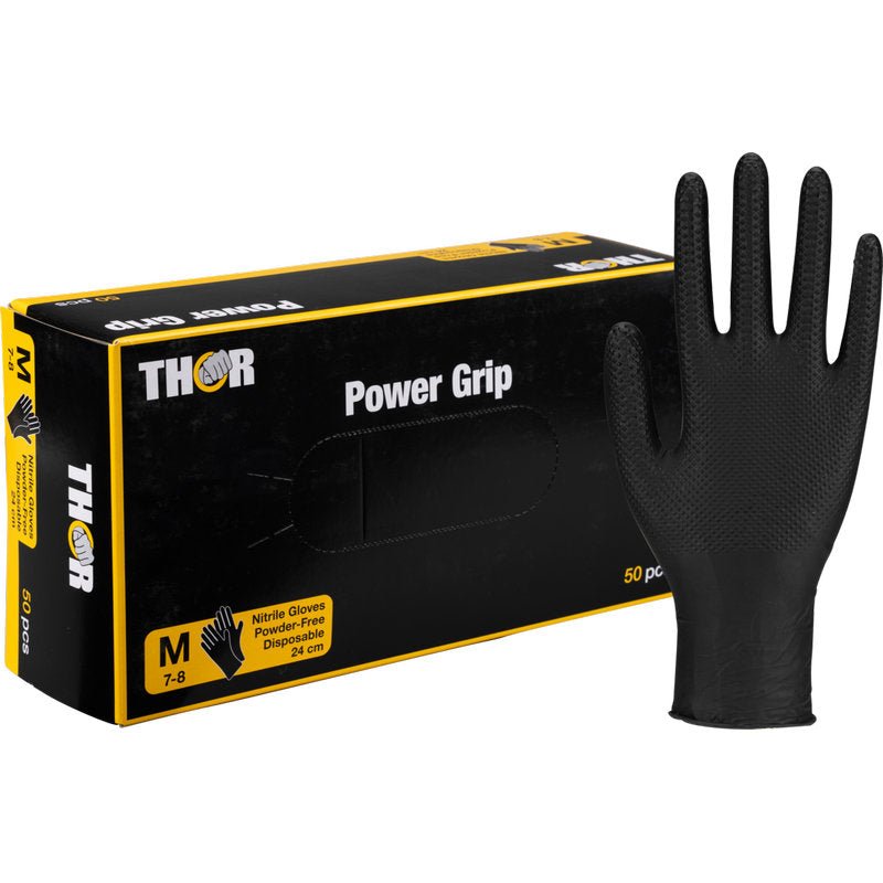 Un gant en nitrile noir jetable, parfait pour l'entraînement de force ou l'haltérophilie, est illustré à côté d'une boîte noir-jaune "Thor Power Grip, Noir" (taille M, sans poudre, 50 pièces) de Abena Re-Seller GmbH.