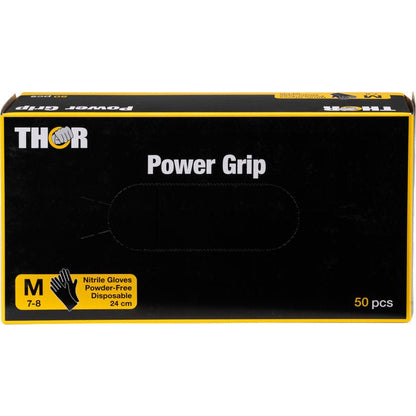 Une boîte de Thor Power Grip, Noir de Abena Re-Seller GmbH, contient 50 gants en nitrile jetables de taille moyenne (7-8), sans poudre (24 cm). Noirs avec des accents jaunes et illustration de gant. Idéal pour l'entraînement de force ou l'haltérophilie.