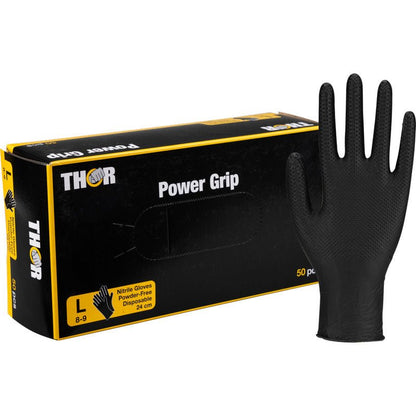 Une boîte de Thor Power Grip, Noir de Abena Re-Seller GmbH (grands gants en nitrile noirs sans poudre) avec un gant debout. L'emballage montre 50 gants jetables - idéal pour l'entraînement de force ou l'haltérophilie.