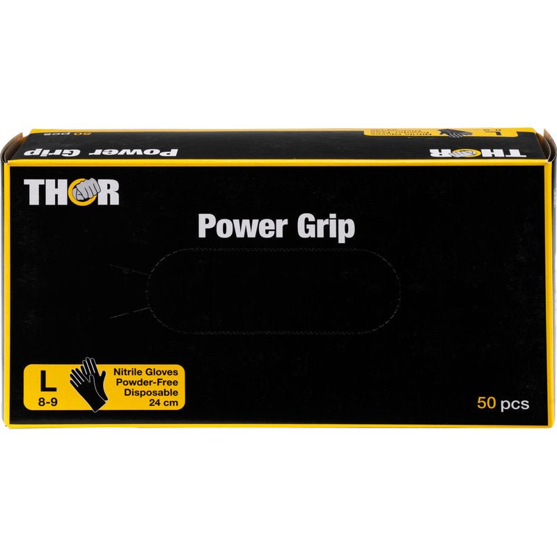 Une boîte noire avec l'inscription "Thor Power Grip, Noir" de Abena Re-Seller GmbH contient 50 grands (taille L, 8-9), gants en nitrile sans poudre de 24 cm de long, idéaux pour l'entraînement de force et l'haltérophilie. Le texte et le graphisme sont en jaune et blanc.