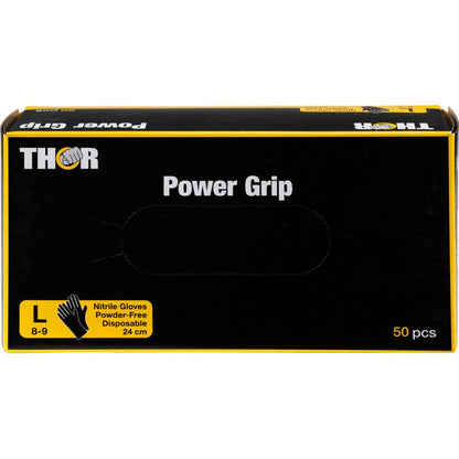 Une boîte noire avec l'inscription "Thor Power Grip, Noir" de Abena Re-Seller GmbH contient 50 grands (taille L, 8-9), gants en nitrile sans poudre de 24 cm de long, idéaux pour l'entraînement de force et l'haltérophilie. Le texte et le graphisme sont en jaune et blanc.
