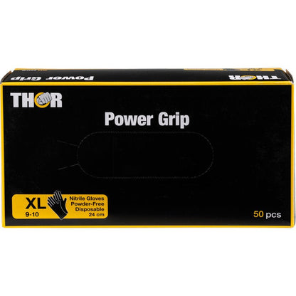 Une boîte noir-jaune de gants en nitrile Thor Power Grip, Noir de Abena Re-Seller GmbH, taille XL (9-10), sans poudre, jetable, 24 cm de long, 50 pièces par boîte. Avec informations sur le produit et illustration de gant sur le devant; idéal pour l'entraînement de force.