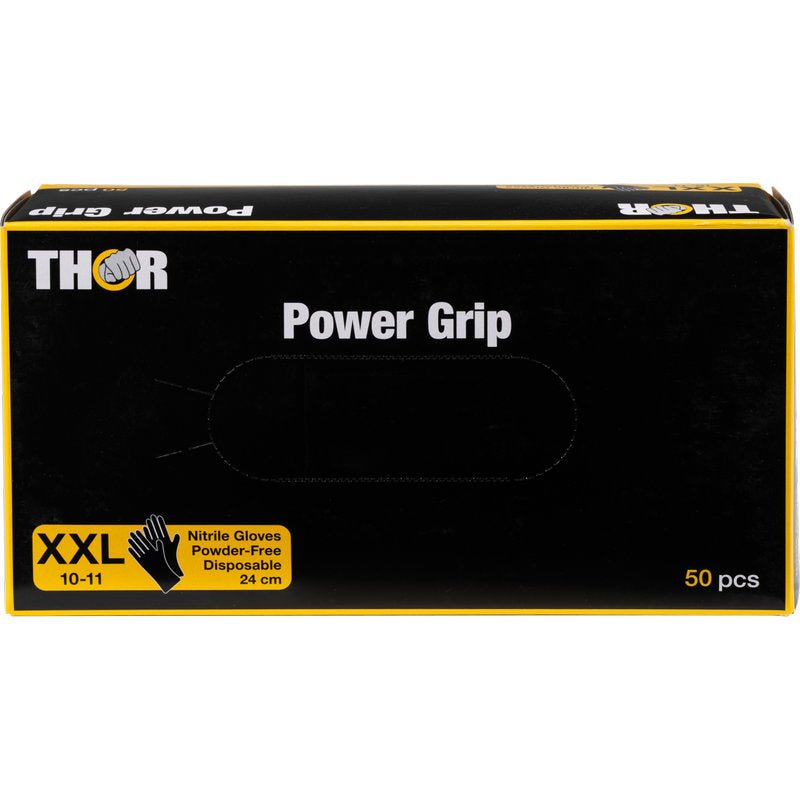 La boîte Thor Power Grip, Noir de Abena Re-Seller GmbH contient 50 gants jetables sans poudre noir-jaune en nitrile au format XXL (10-11). L'inscription d'entraînement de force est imprimée sur le devant en blanc et jaune.