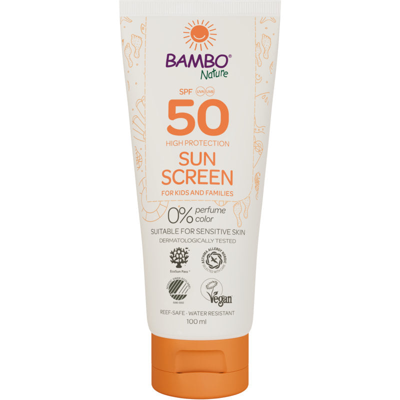 Eine 100ml Tube Bambo Nature Sonnencreme LSF50 von Abena Re-Seller GmbH, farb- und parfümfrei, dermatologisch getestet, vegan, reef-safe und ideal für empfindliche Haut. 6 Packungen im Karton.
