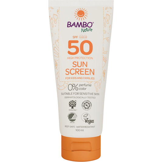 Eine 100ml Tube Bambo Nature Sonnencreme LSF50 von Abena Re-Seller GmbH, farb- und parfümfrei, dermatologisch getestet, vegan, reef-safe und ideal für empfindliche Haut. 6 Packungen im Karton.