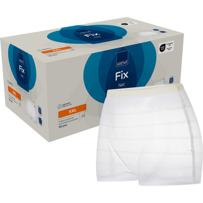 Eine Schachtel mit der Aufschrift "Fixierhosen, ABENA Fix, Net" der Abena Re-Seller GmbH ist blau und orange akzentuiert und enthält 50 Fixierhosen. Eine weiße Netzhose steht aufrecht vor der Schachtel.