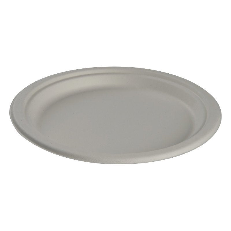 L'assiette, Bagasse, Blanc de Abena Re-Seller GmbH est une assiette ronde, biodégradable en bagasse avec un bord plat et un design écologique - présentée ici sur fond blanc.