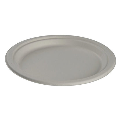 L'assiette, Bagasse, Blanc de Abena Re-Seller GmbH est une assiette ronde, biodégradable en bagasse avec un bord plat et un design écologique - présentée ici sur fond blanc.
