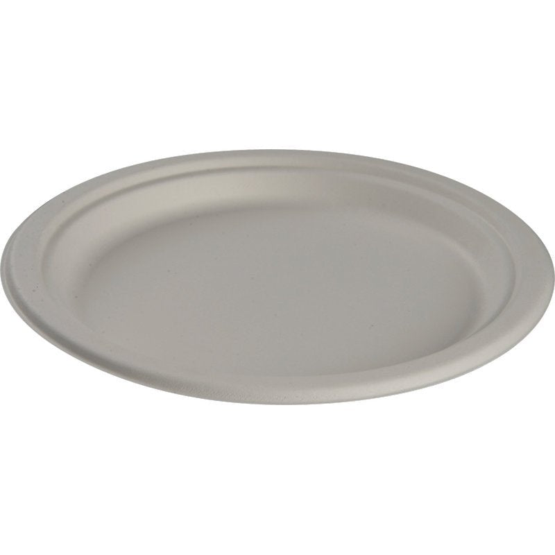 Une simple assiette ronde, Bagasse, Blanc de Abena Re-Seller GmbH est illustrée sur fond blanc. Cette assiette jetable biodégradable en matériau compostable est un choix écologique pour chaque occasion.