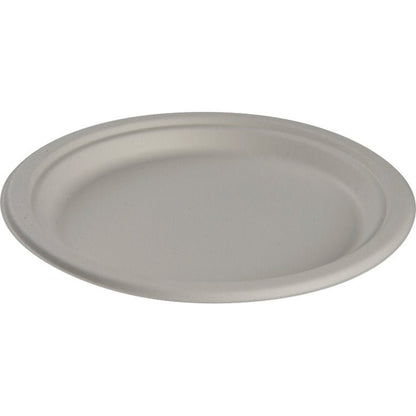 Une simple assiette ronde, Bagasse, Blanc de Abena Re-Seller GmbH est illustrée sur fond blanc. Cette assiette jetable biodégradable en matériau compostable est un choix écologique pour chaque occasion.