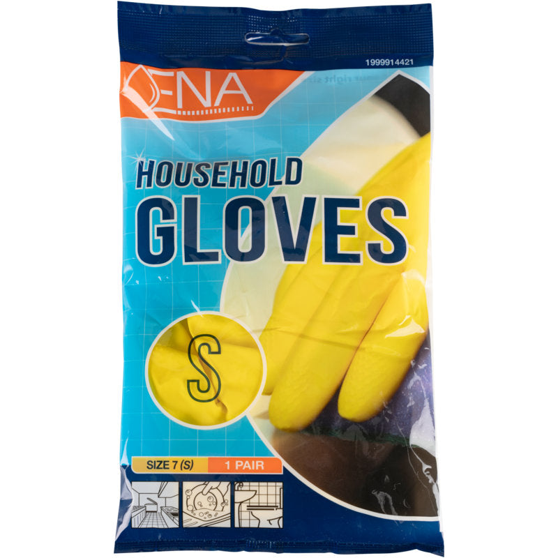 Un emballage en plastique avec l'inscription "ENA Household, gants ménagers en latex, jaune" de Abena Re-Seller GmbH montre des gants jaunes de taille S (1 paire) sur un fond bleu avec un graphique de nettoyage orange-blanc.