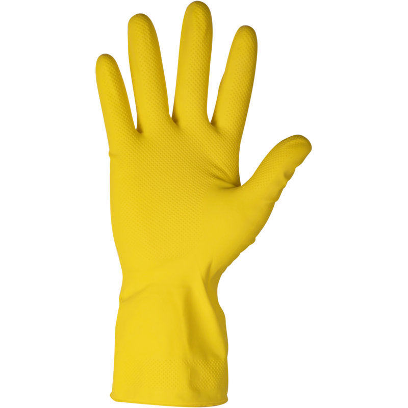 Un gant ménager en latex ENA Household en jaune de Abena Re-Seller GmbH est présenté debout avec la paume vers l'avant et les doigts écartés. Le gant en latex texturé est idéal pour le nettoyage ou d'autres travaux ménagers.