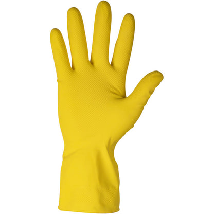 Un gant ménager en latex ENA Household en jaune de Abena Re-Seller GmbH est présenté debout avec la paume vers l'avant et les doigts écartés. Le gant en latex texturé est idéal pour le nettoyage ou d'autres travaux ménagers.