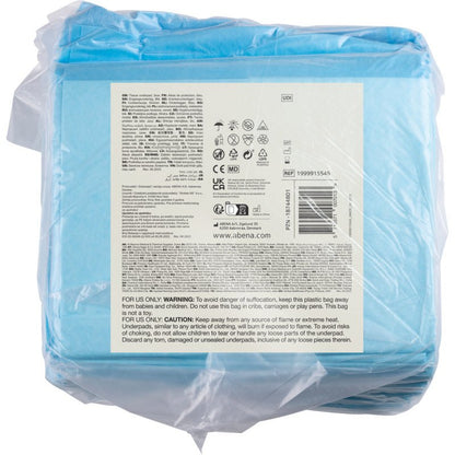 Un emballage en plastique transparent de Abena Re-Seller GmbH contient 25 alèses jetables bleues, à 6 couches, ABENA Tissue, 60x60 cm. L'étiquette arrière montre des informations sur le produit, des symboles, un code-barres et des avertissements multilingues.