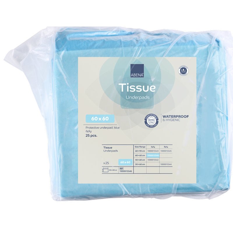 Un paquet de 25 alèses jetables ABENA Tissue, 6 couches, 60x60 cm, bleu de Abena Re-Seller GmbH. Les alèses imperméables et hygiéniques sont livrées dans un emballage transparent, sur lequel toutes les données et spécifications du produit sont indiquées sur l'étiquette.