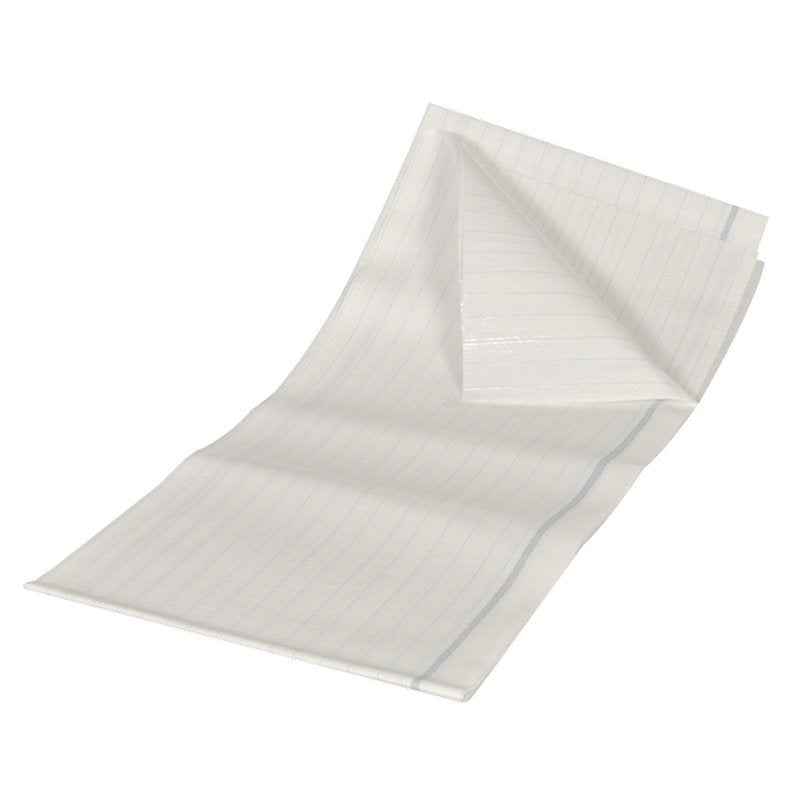 Les draps de protection renforcés par des fils de la société Abena Re-Seller GmbH (210x80 cm, PE/cellulose), paquet de 25 pièces : Drap de protection jetable blanc avec des lignes bleu clair sur fond blanc, rectangulaire et plié pour une grande durabilité.