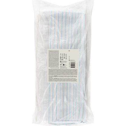 Un emballage en plastique transparent contient 25 draps de protection renforcés par des fils de la société Abena Re-Seller GmbH, 210x80 cm, PE/cellulose. Chacun est muni d'une étiquette blanche avec du texte et un code-barres à l'avant ; idéal pour un usage médical.