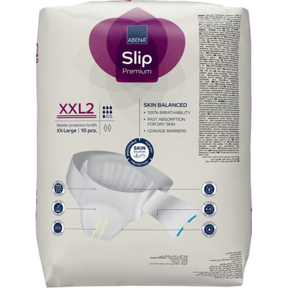 Un paquet de 10 ABENA Slip Premium slips de protection de la vessie de Abena Re-Seller GmbH, taille XXL2, offre un équilibre cutané et une barrière anti-fuites - idéal pour une prise en charge fiable de l'incontinence.