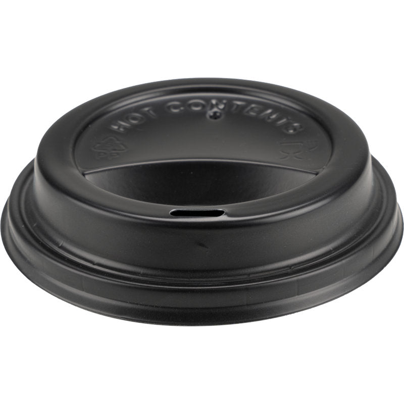 Der Abena Re-Seller GmbH Deckel für Kaffeebecher, PP ist ein schwarzer Kunststoffdeckel mit erhöhtem Rand, Trinkschlitz und "HOT CONTENTS"-Prägung - ideal als Kaffeebecherdeckel für Einwegbecher.