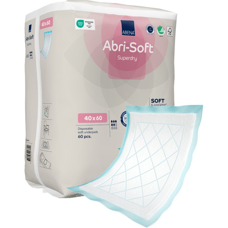 Un paquet de 60 alèses jetables Abena Re-Seller GmbH, Abri-Soft Superdry, Bleu, 40x60 cm - idéal pour les établissements de soins. Une alèse avec une surface absorbante blanche et des bords bleus est visible à l'extérieur de l'emballage.