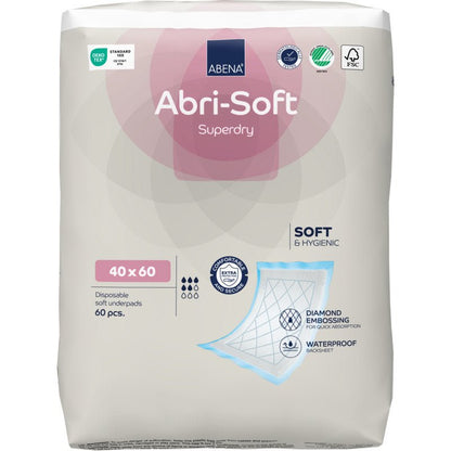 Un paquet de 60 alèses jetables Abena Re-Seller GmbH, Abri-Soft Superdry, Bleu (40 x 60 cm). Parfaites pour les établissements de soins, elles se distinguent par leur douceur, leur hygiène, leur gaufrage en losange et leur dessous imperméable.