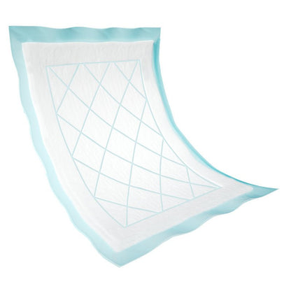 L'alèse jetable Abri-Soft Superdry Bleu de Abena Re-Seller GmbH a une surface blanche, un bord bleu clair et un motif en losange au centre. Légèrement bombée, elle est idéale pour les établissements de soins et est présentée sur un fond blanc.