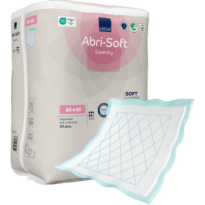 Un paquet avec l'inscription "Alèse jetable, Abri-Soft Superdry, Bleu" de Abena Re-Seller GmbH (60 x 60 cm, 60 pièces) est montré. Une alèse pour incontinence avec un bord bleu et un motif en grille est visible à l'extérieur du paquet.