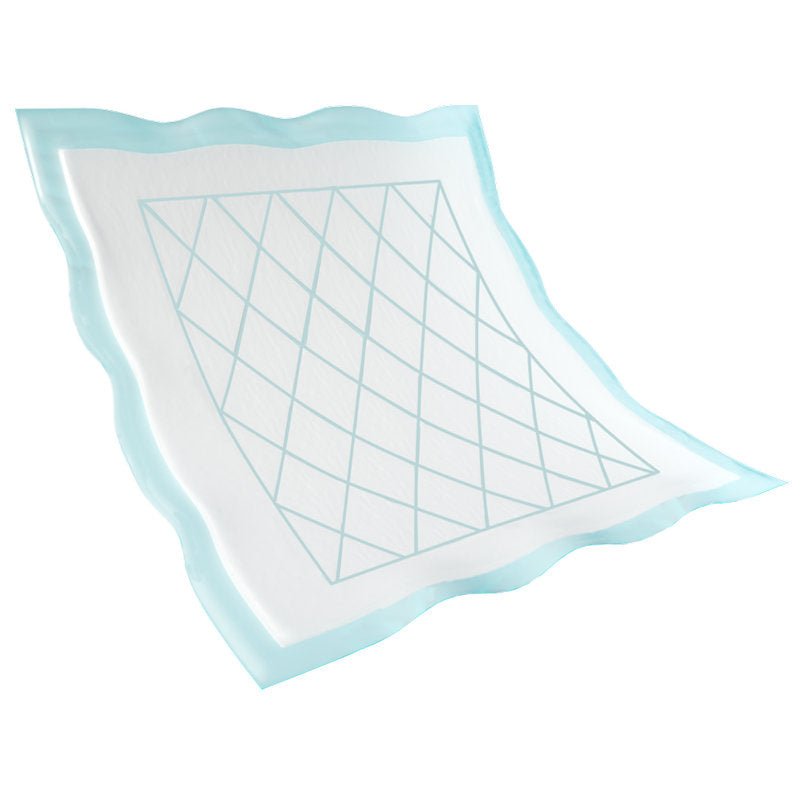L'alèse jetable, Abri-Soft Superdry, Bleu de Abena Re-Seller GmbH est une alèse absorbante rectangulaire avec un centre blanc, un bord bleu clair et un motif croisé bleu clair, illustrée sur un fond blanc.