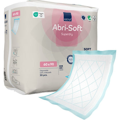 Illustré est un paquet de alèses jetables Abena Re-Seller GmbH, Abri-Soft Superdry, Bleu (60x90 cm) avec une seule alèse rectangulaire ayant un bord bleu à l'avant ; le paquet contient 30 pièces.