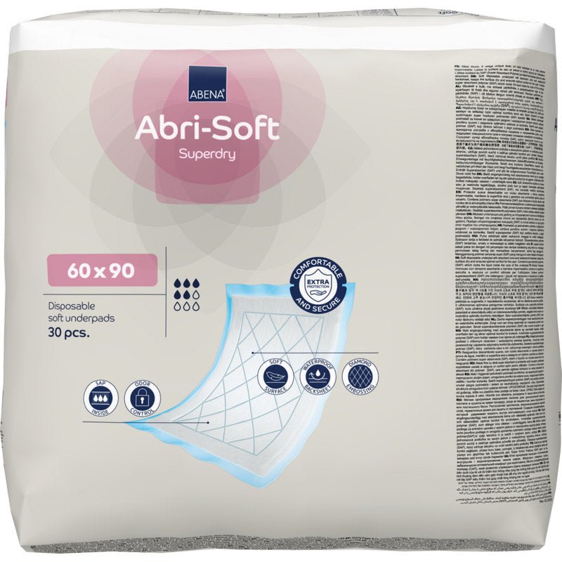 Un paquet de 30 alèses Abena Re-Seller GmbH, Abri-Soft Superdry, Bleu (60 x 90 cm) contient un emballage illustré avec les caractéristiques du produit et un schéma des couches de l'alèse.