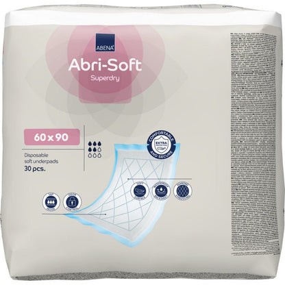 Un paquet de 30 alèses Abena Re-Seller GmbH, Abri-Soft Superdry, Bleu (60 x 90 cm) contient un emballage illustré avec les caractéristiques du produit et un schéma des couches de l'alèse.