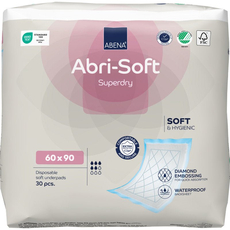 Un paquet de 30 alèses Abena Re-Seller GmbH, Abri-Soft Superdry, Bleu (60 x 90 cm) offre confort, hygiène, un gaufrage en losange et un dos imperméable pour une protection fiable.