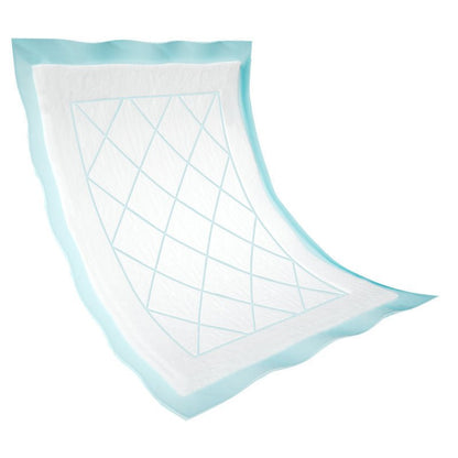L'alèse jetable Abri-Soft Superdry Bleu de Abena Re-Seller GmbH est une alèse rectangulaire jetable avec une face absorbante blanche matelassée et un dos imperméable bleu clair avec des bords légèrement ondulés.