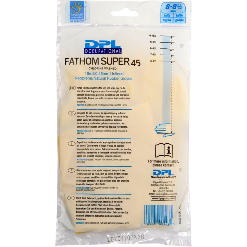 Un emballage en plastique transparent avec l'inscription "Gants de ménage Latex, Jaune, Néoprène" de Abena Re-Seller GmbH, contenant des gants de ménage jaunes. Les spécifications du produit et les instructions sont indiquées sur l'emballage en plusieurs langues.